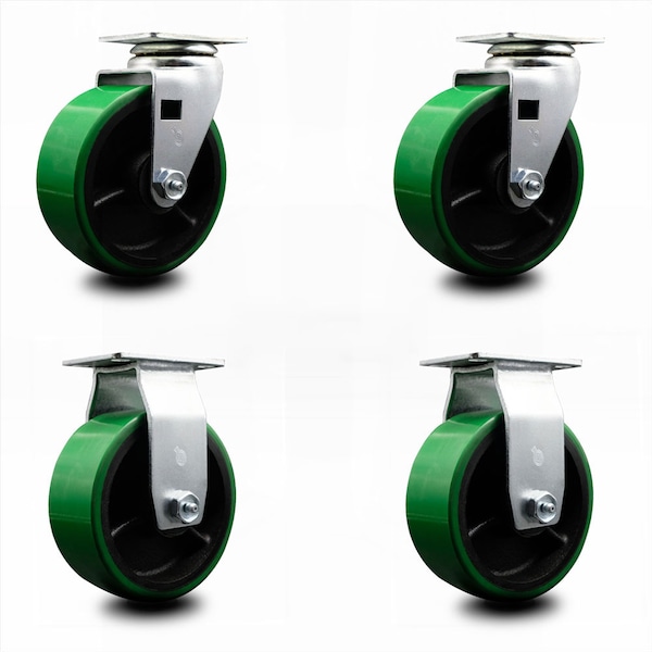 5 Inch Green Poly on Cast Iron Caster Set with Ball Bearings 2 Swivel 2 Rigid